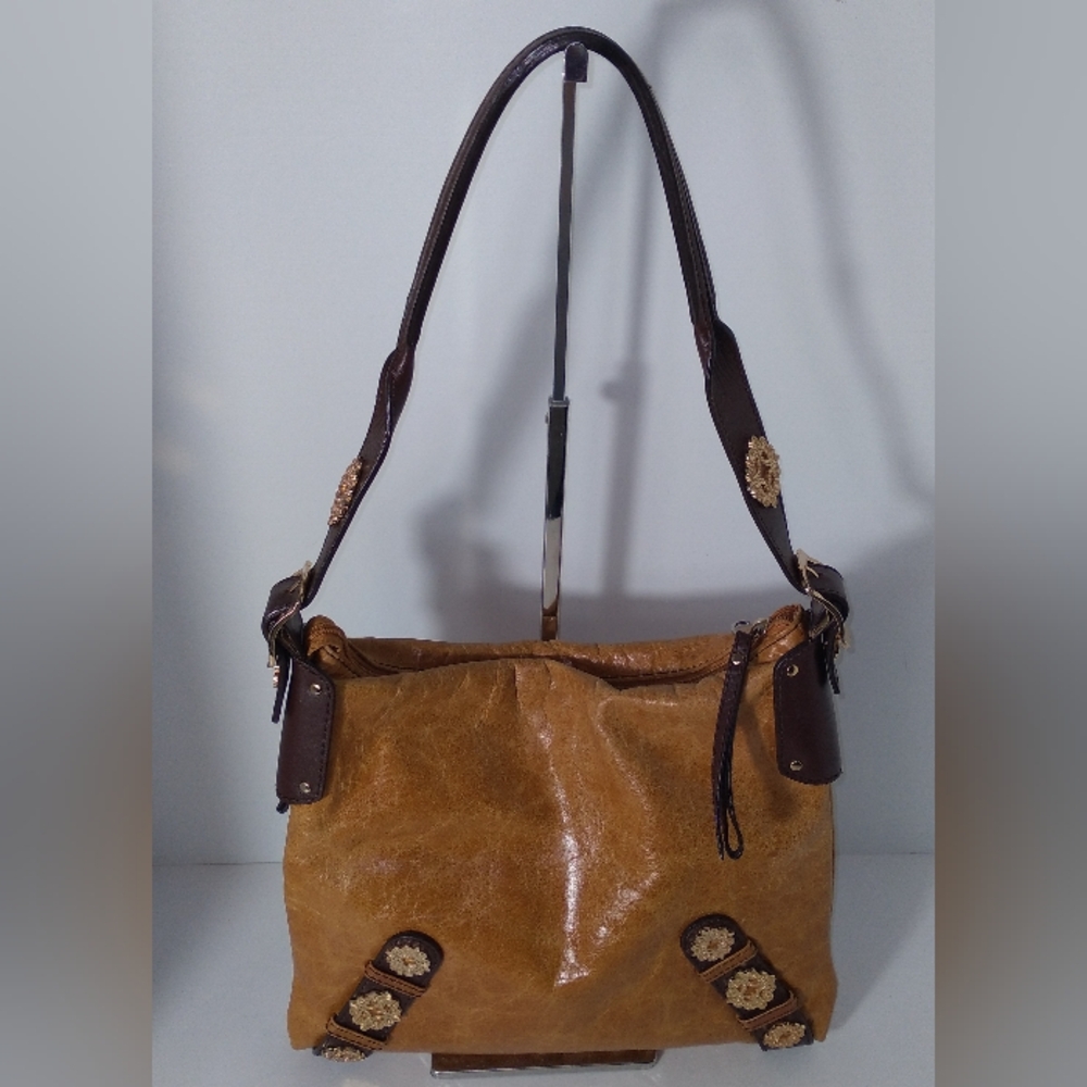 hype VIntage Brown Leather Gold Accent Western Hobo Tote Shoulder Bag